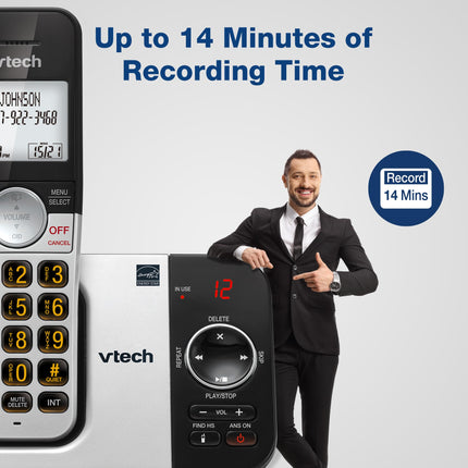 VTech - Cordless Phone with Answering Machine, 2 Headphones, Large Display and Large Buttons, Duplex Speaker, Sleep Call, 10 New Numbers, Silver/Black