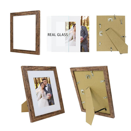Hongkee 8x10 Picture Frame Set of 4, with Real Glass and Rustic Brown Wood Frame - 8x10 Frame with 5x7 Mat, 8 by 10 for Wall or Tabletop