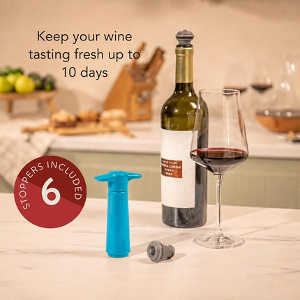 Vacu Vin Original Wine Saver with 6 Vacuum Bottle Stoppers – Wine Preserver Pump for Red or White Wine – Manual Air Remover System – Airtight Seal – Keep Wine Fresh Longer – Blue