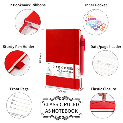 3 Pack Notebooks Journals Bulk with 3 Black Pens, Feela A5 Hardcover Notebook Classic Ruled Lined Journal Set with Pen Holder for Work Business Journaling Note Taking, 120 GSM, 5.1”x8.3”, Red