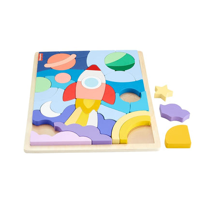 Fisher-Price Wood Preschool Toy Space Blocks Jigsaw Puzzle, 42 Wooden Pieces for Stacking & Sorting Play Kids Ages 3+ Years, HXY42