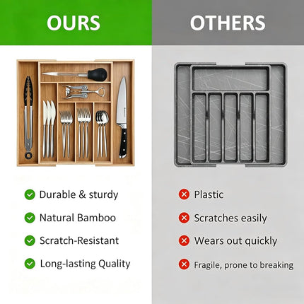 KITCHENTREND Organizador expandible de bambú para cubiertos, organizador de cubiertos ajustable para cajones de cocina, organizador de utensilios para la organización de la cocina (6-8 ranuras)