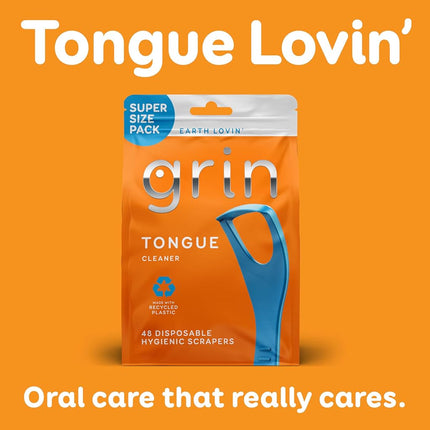 GRIN Tongue Cleaner, 48 Count, Disposable Tongue Cleaner, Hygienic Scraper, Recycled Plastic, Clean Tongue, Promote Fresh Breath, Includes Safe Fold- Back Tooth Pick