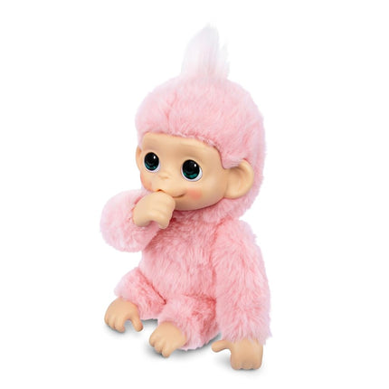 Little Live Pets Baby Monkey Minis – Luna Lemon. Interactive Pet Toy. 20+ Sounds & Reactions. Soft Pink Fur. 7.4" Tall. Feed, Nurture. React. Grippy Hands & Feet. Collect All 3