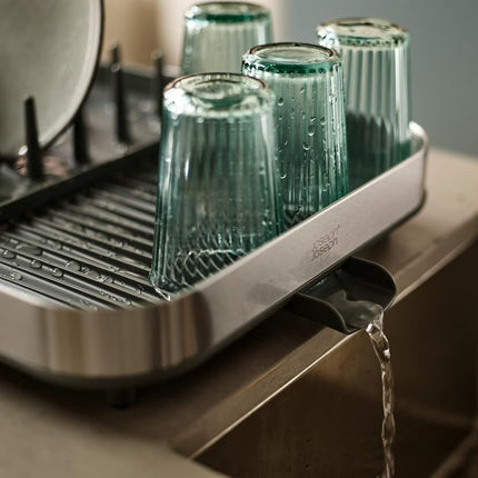 Joseph Joseph Expanding Dish Drying Rack with Removable Silverware Holder, Draining Spout, Stainless-Steel