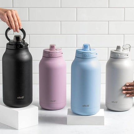 Ello Hydra Gourde isotherme en acier inoxydable de 1,9 l (64 oz) avec couvercle verrouillable et étanche et paille en silicone souple, Bouteille d'eau réutilisable en métal, Garde les boissons froides toute la journée, Bleu halogène