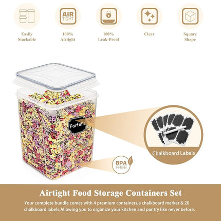 Wildone Large Food Storage Containers 5.2L /175oz, 4 Piece BPA Free Plastic Airtight Food Storage Containers for Flour, Sugar, Baking Supplies, Kitchen & Pantry Containers with 20 Labels - Gray