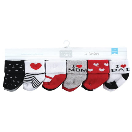 Hudson Baby Baby Girls' Cotton Rich Newborn and Terry Socks, Mom and Dad Girl Red Black 12-pack, 0-6 Months