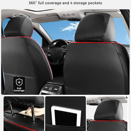 Huidasource Car Seat Covers Full Set, Leather Vehicle Cushion Covers, Universal Fit for Most Car Sedan SUV Pickup Truck, Fit Acura Honda City Nissan Altima Mazda Hyundai Audi (Full Set/Black&Red)