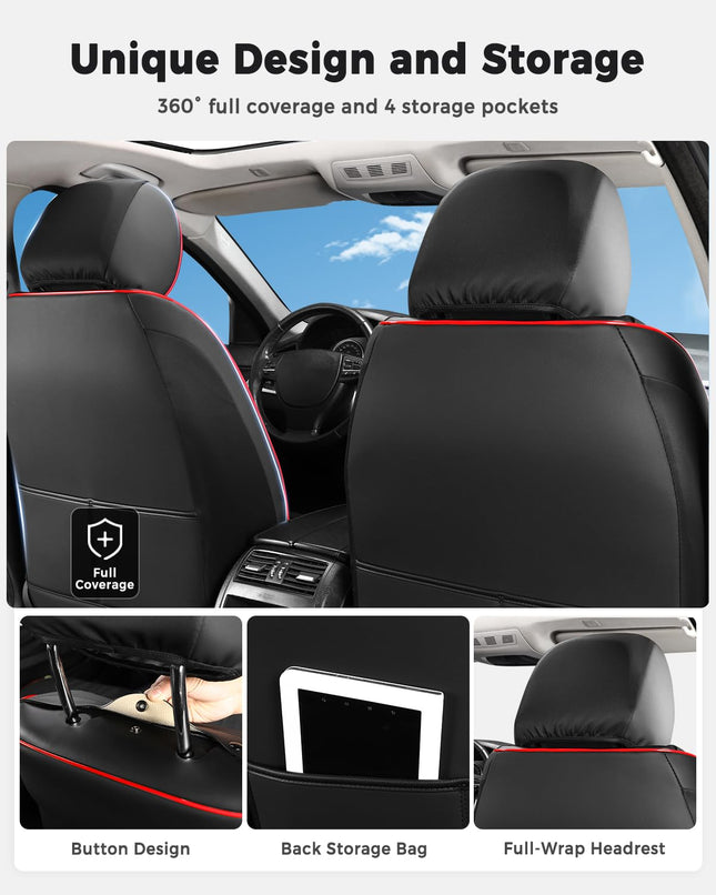 Huidasource Car Seat Covers Full Set, Leather Vehicle Cushion Covers, Universal Fit for Most Car Sedan SUV Pickup Truck, Fit Acura Honda City Nissan Altima Mazda Hyundai Audi (Full Set/Black&Red)