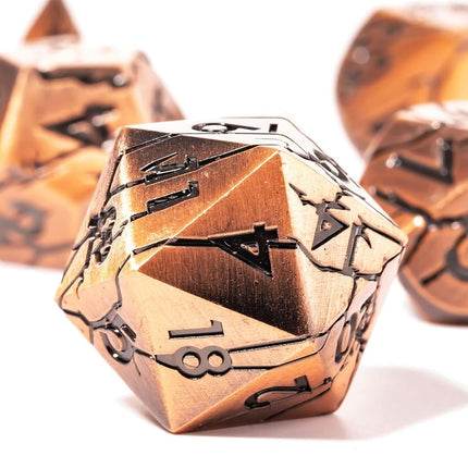 DND Metal Dice - Archaic Ruins Cracked Metal Dice - Copper Polyhedral Dice Set for RPG D&D MTG Pathfinder and More - Beautifully Detailed Dungeons and Dragons Dice Set