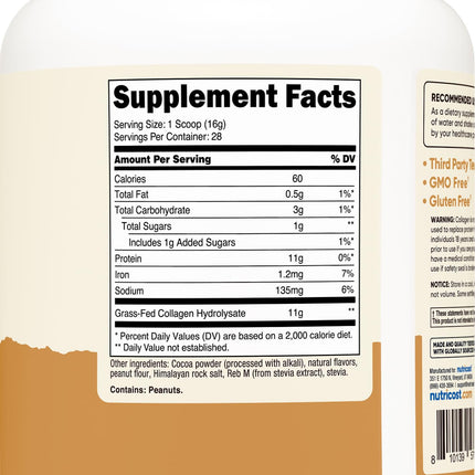 Péptidos de Colágeno, Chocolate y Mantequilla de Cacahuete, 454 g (16.2 oz), Nutricost