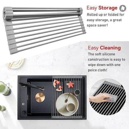 MERRYBOX Roll Up Dish Drying Rack, Over The Sink Dish Rack Foldable, Heat-Resistant, Anti-Slip Silicone Coated Steel Dish Drainer for Kitchen Sink, Multipurpose Roll Up Sink Drying Rack, 17.5" x 13"