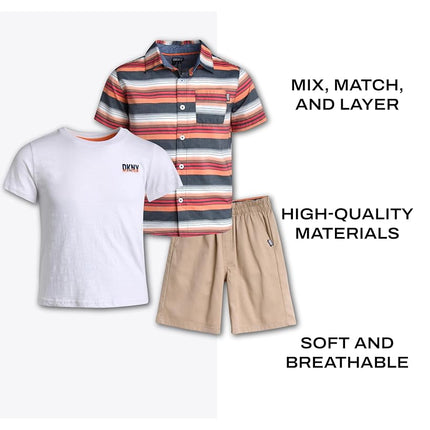 DKNY Conjuntos de pantalón corto para niños - Conjunto de 3 piezas con camisa abotonada de manga corta, camisetas de cuello redondo para niños y pantalones cortos de sarga para niños pequeños, Azul Nublado, 4