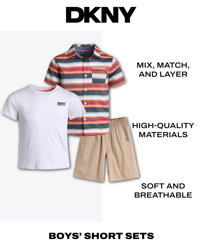 DKNY Boys Short Sets - 3 Piece Outfit with Short Sleeve Button Down Shirt, Crewneck Boys T Shirts & Twill Toddler Shorts, Cloudy Blue, 4