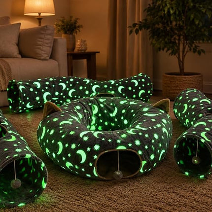 LUCKITTY Cat Tunnel Bed Under Christmas Tree with Plush Ball Toy Playground Crinkle Collapsible Self-Luminous Flannel Fabric 3FT for Large Cats Kittens Kitty Small Animals Puppy Grey Moon Star