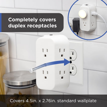 GE 6-Outlet Extender, Grounded Wall Tap, Reset Button, Circuit Breaker, Adapter Spaced Outlets, 3-Prong, Quick and Easy Install, UL Listed, White, 56575