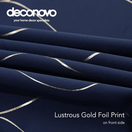 Deconovo Gold Wave Foil Print Blackout Curtains, 52W x 84L Inch, Navy Blue, 1 Pair, Grommet Light Blocking Room Darkening Curtain, Noise Reducing Window Drapes for Living Room Bedroom