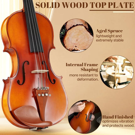 Kmise Violin Set 3/4 Full Set Jujube Wood Violin Durable Glossy for Adults Beginners Students with Violin Case Rosin Strings Bow Shoulder Pad Beginner's Guide (Jujube, 3/4)
