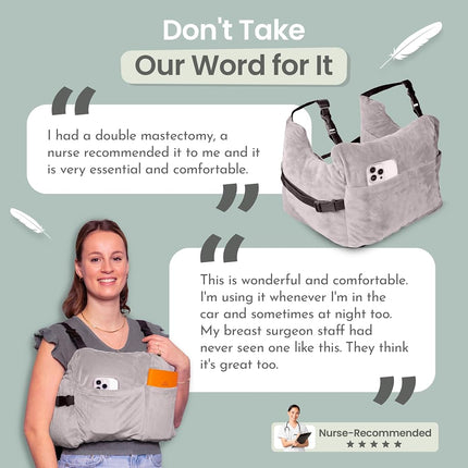 MOYOAMA Bundle Grey Plush: Mastectomy Pillow IR Design with Shower Bag, 2X Coldpacks, and Seatbelt Pillow