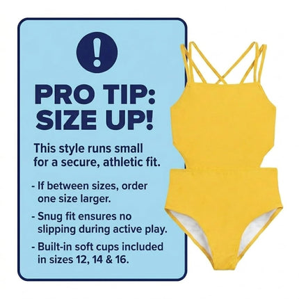 Traje de baño de una pieza con aberturas Kanu Surf para niñas, amarillo sólido, talla 16