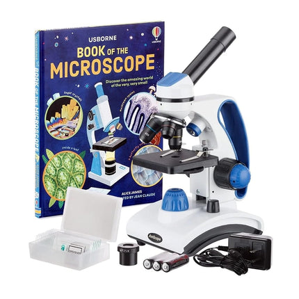 AmScope M162C-2L-PB10-WM"Awarded 2018 Best Students and Kids Microscope Kit" - 40X-1000X Dual Light All Metal Microscope with Slides and Microscope Book, Blue