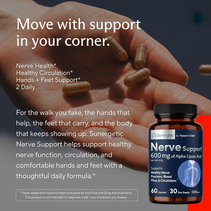 Premium Nerve Support Supplement – with Alpha Lipoic Acid (ALA) 600 mg, Acetyl-L-Carnitine (ALC) & Benfotiamine - Nerve Support Formula for Healthy Circulation, Feet, Hands & Toes - 60 Capsules