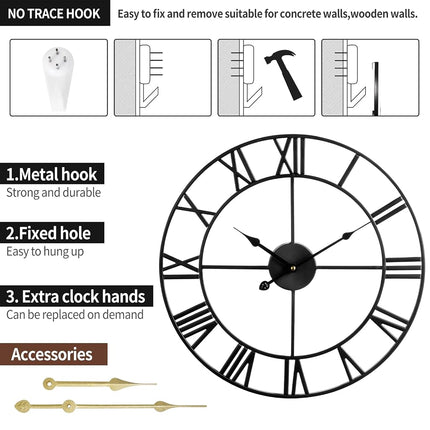 Mee 2ou Wall Clock - 47CM Non Ticking Metal Wall Clock Roman Numerals
