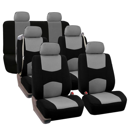 FH GROUP Three Row Full Set - 7 Seater All Purpose Flat Cloth Built-in Seat Belt Car Seat Cover- Universal Fit for Cars Trucks and SUVs Gray/Black