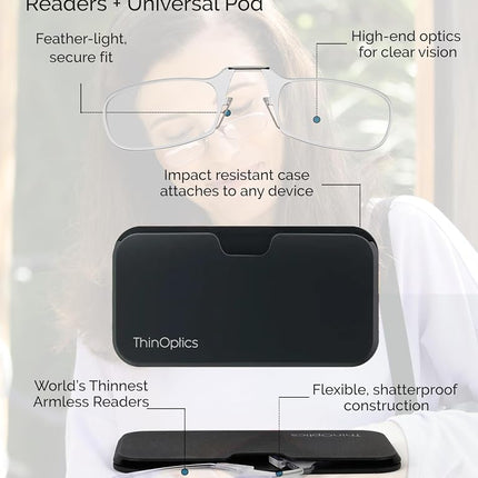 ThinOptics Universal Pod Case + Rectangular Reading Glasses, Peekaboo Cat
