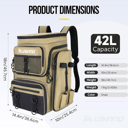 PLUSINNO Fishing Backpack with Rod Holders, 42L Large Water-Resistant Fishing Tackle Bag Store Fishing Gear for Fishing, Camping, Hiking, Fishing Gifts for Men Father, Khaki