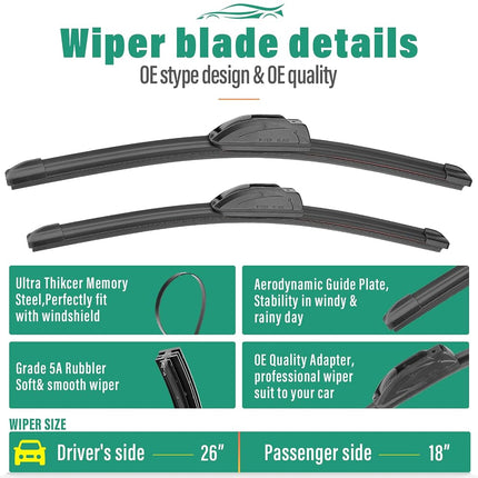 Set of 3 Windscreen Wiper Blades Replacement for Jeep Cherokee 2014 2015 2016 2017 2018 2019 2020 2021 2022 2023 Premium All Weather Wiper Set OEM Quality