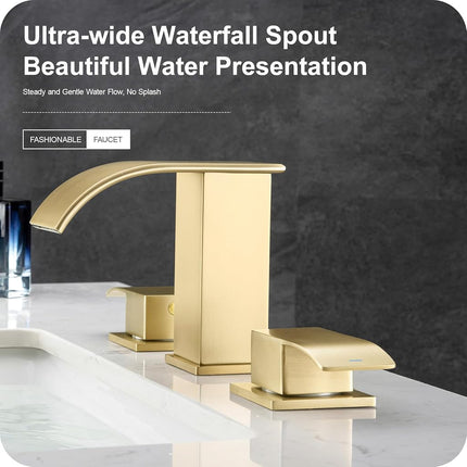 GAGALIFE Grifos de baño de 8 pulgadas tipo cascada de 3 orificios - Grifo de baño dorado cepillado de montaje extendido con desagüe emergente, grifo de lavabo de baño de dos manijas, Patente No. : US D967,340 S