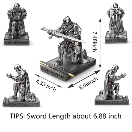 HDMbigmi King's Guard Leader Cloak Warrior Knight Pen Holder Mobile Phone Stand, Ornament Knight Statue, Pen Stand Paperweight with a Metal Sword Letter Opener for Office and Home (Silver)