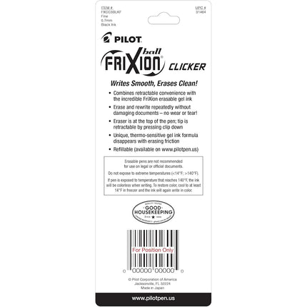 Pilot FriXion Clicker Retractable Erasable Gel Pens Fine Point (.7) Black Ink 3-pk; Make Mistakes Disappear, No Need For White Out. Smooth Lines to the End of Page, America’s #1 Selling Pen Brand