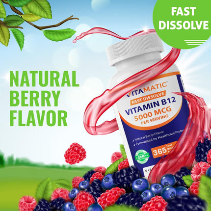 Vitamatic Vitamin B12 5000 mcg per Serving Fast Dissolve 365 Tablets - Berry Flavor - Supports Energy Metabolism