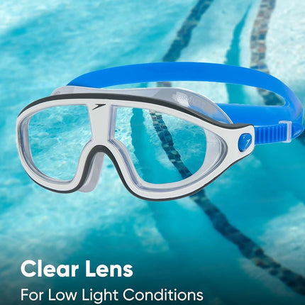 Speedo Unisex-Adult Biofuse Rift Mask Swimming Goggles | Open Water Swim Mask | Anti-fog | Anti-leak Goggles, Bondi Blue/White/Clear, One Size