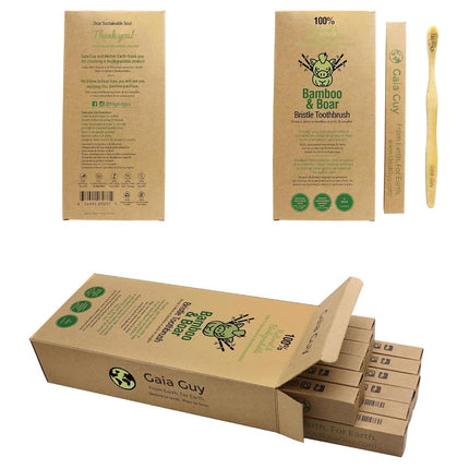 Natural Bristle Bamboo Toothbrush with Boar Bristles - Totally Biodegradable and Compostable - No Nylon Toothbrushes - Zero Waste 12-Pack