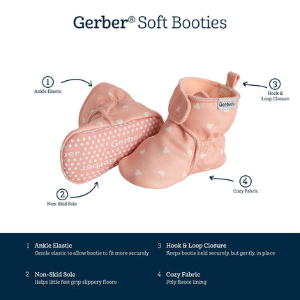 Gerber Baby Fleece Lined Wrap Fasten Non Skid Soft Slipper Booties, Pink Heart, 0 3_Months Unisex Infant