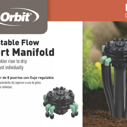 Orbit 61008 Colector de riego por goteo de 8 puertos de flujo ajustable para tubo de 1/4"