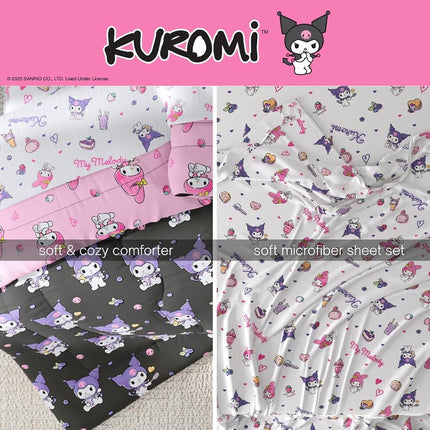 Franco Sanrio Kuromi & My Melody Bedding 7 Piece Super Soft Cozy Reversible Comforter and Sheet Set with Sham, Full, (Officially Licensed Product)