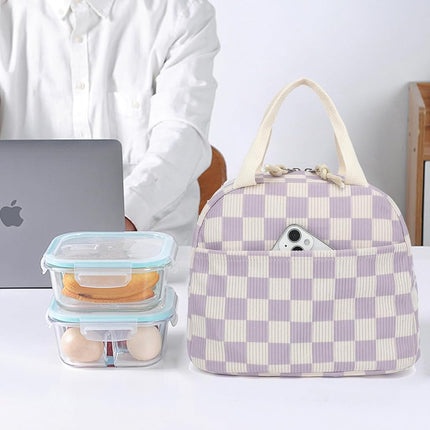 Corduroy Lunch Box for Women Girls, Cooler Lunch Bags Reusable Insulated Lunchbox for Picnic School Work Travel (Checkered Purple)