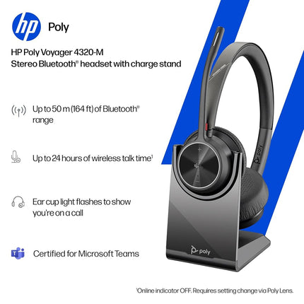 HP Poly Voyager 4320 UC Wireless Headset & Charge Stand - Noise-Canceling Boom Mic - Connect to PC via USB-C to USB-A Adapter, Cell Phone via Bluetooth - Microsoft Teams Certified
