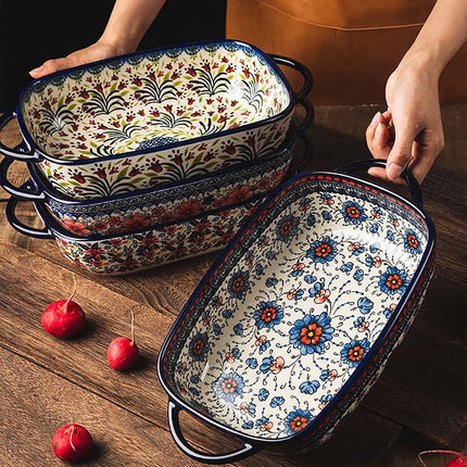Bicuzat Red Daisy Flower Vintage Style Ceramic Bakeware Casserole Dish Baking Pan Lasagna Pans Baking Dish with Handles for Oven/Cooking/Kitchen-1 PCS, 60 OZ