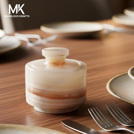 Marble Salt Cellar 3 Inch White Onyx Salt Holder with Lid for Spice Jar & Stone Salt Container, Modern Sugar Bowl