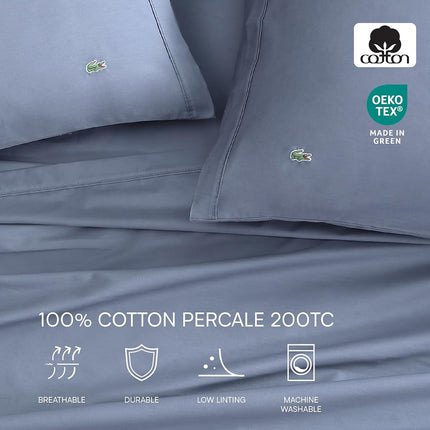 Lacoste 100% Cotton Percale Sheet Set, Solid, Vintage Indigo, Queen