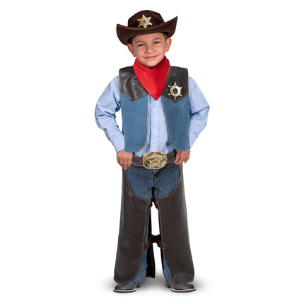 Melissa & Doug Set de disfraz de vaquero (5 piezas) - Incluye chaparreras de imitación de cuero - Disfraz de vaquero para juegos de rol con chaleco para niños y niñas