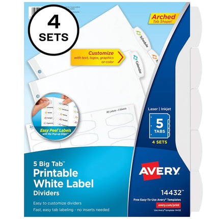 Avery Big Tab Printable White Label Dividers with Easy Peel, 5 Tabs, 4 Sets (14432)
