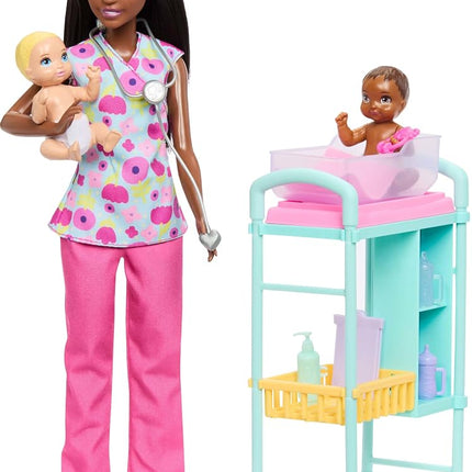 Barbie Careers Baby Doctor Playset with Brunette Doll Wearing Scrubs, 2 Baby Dolls, Examination Table & Accessories, JMK13