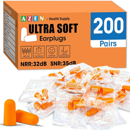 AZEN 200 Pairs Ear Plugs, NRR 32dB Soft Foam Ear P